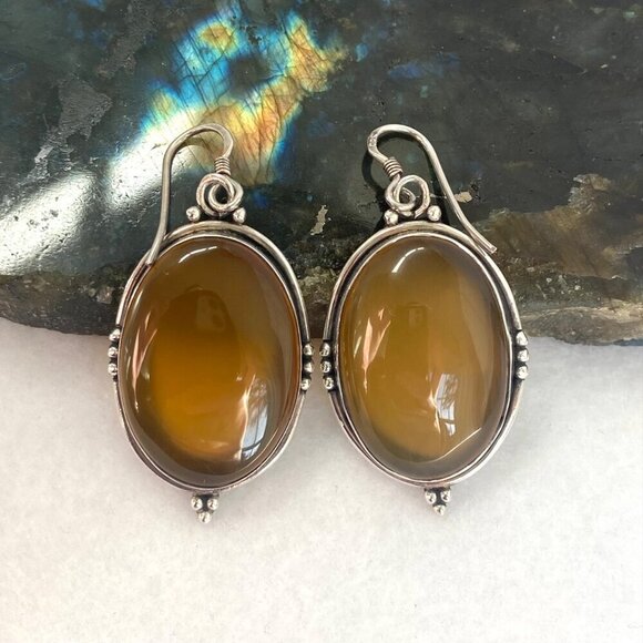 Sterling Silver 925 Large Bezel Set Oval Agate Quartz Dangle Drop Earrings - Picture 4 of 16